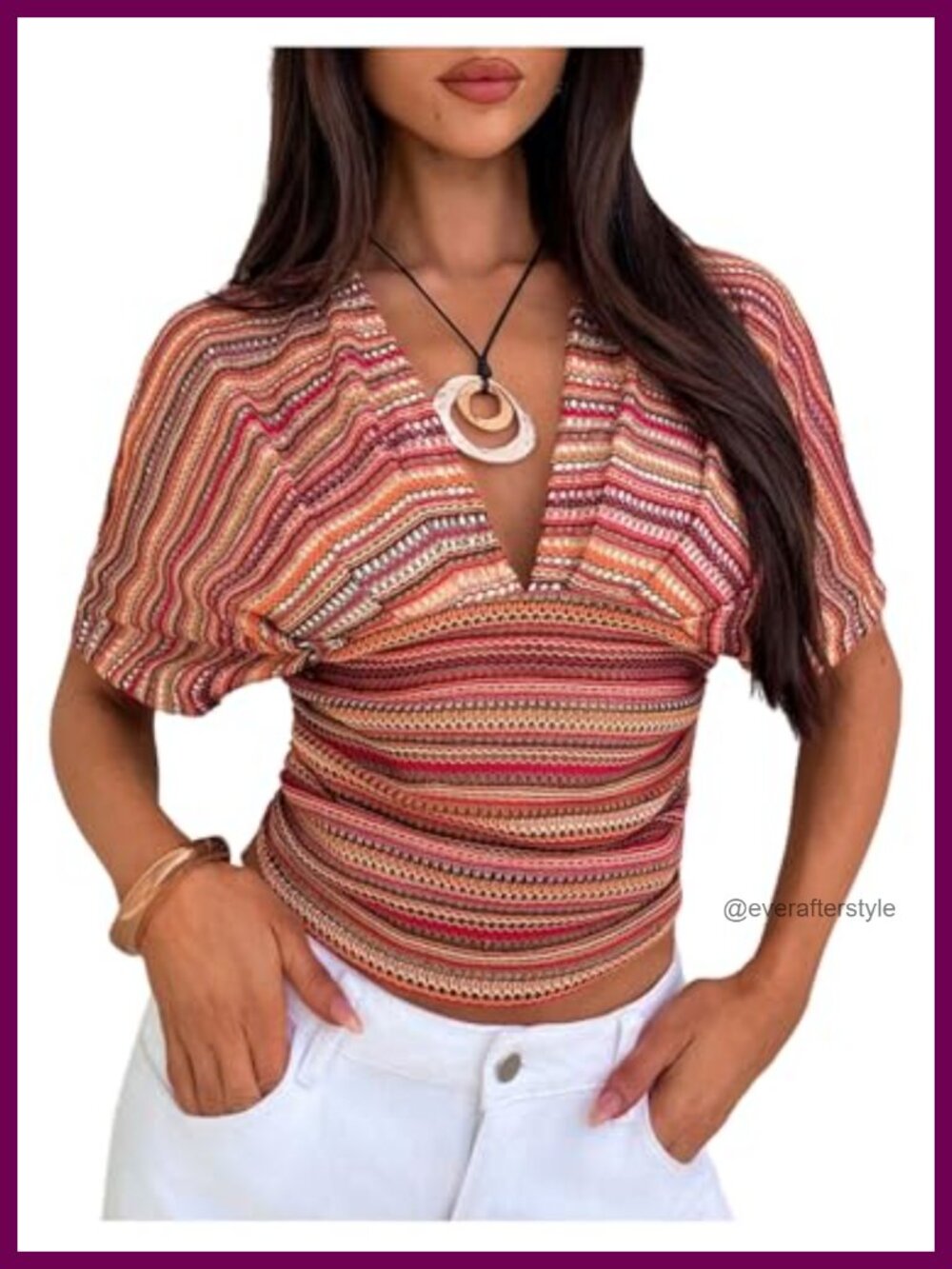 Boho Striped Geo Cinched Waist V Neck Cropped Top